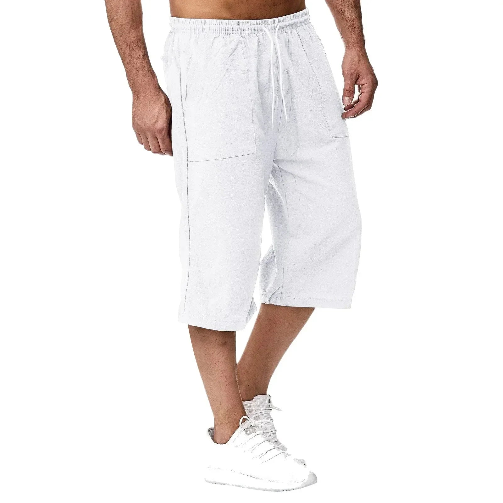 Summer Men's Casual Shorts Cotton Blended Long Elastic Waist Loose Pocket Drawstring 3/4 Length Shorts Daily Street Wear