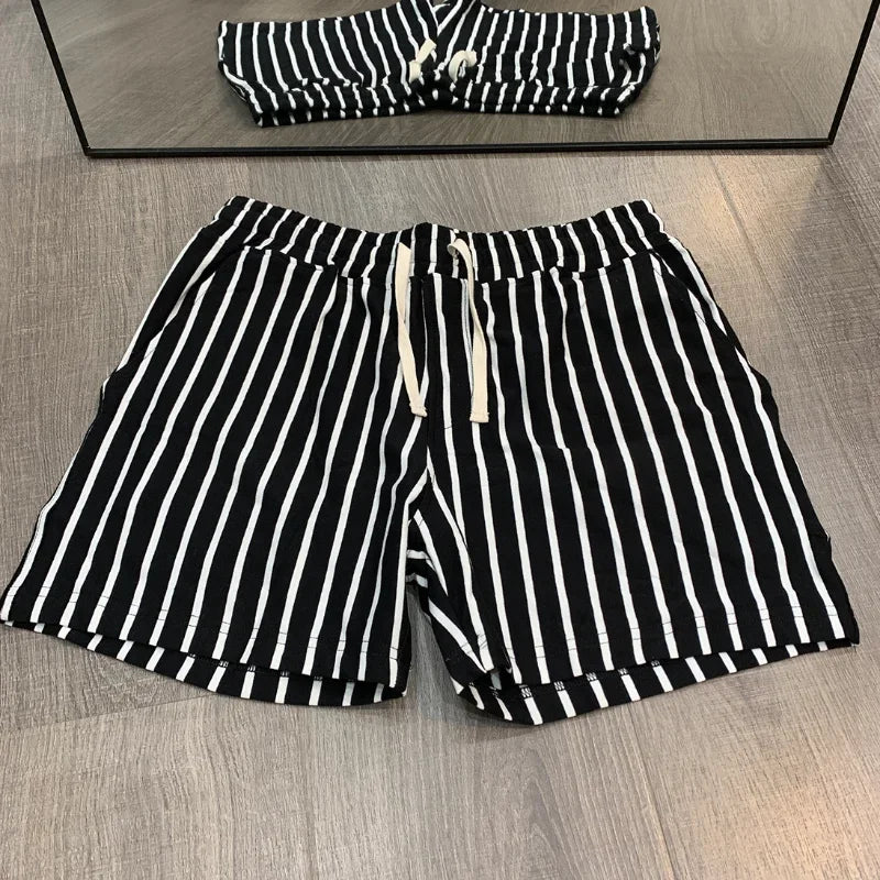 Shorts Men Summer Casual Basketball Sport Fitness Shorts Striped Mid Waist Elastic Drawstring Loose Workout Black Boardshorts
